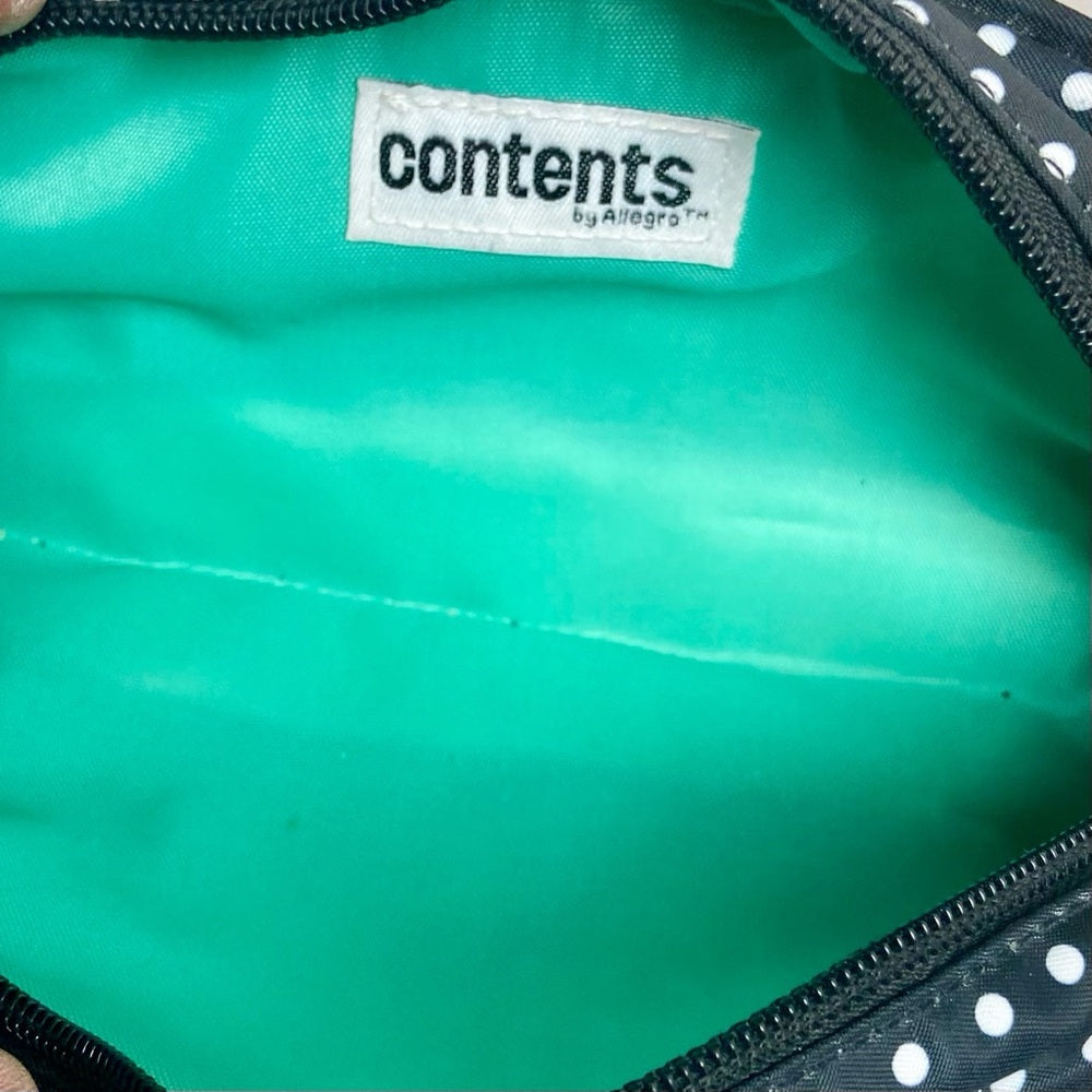 Contents, Black and White Polka Dot Crossbody Bag 8.5in x 4in x 2.5in