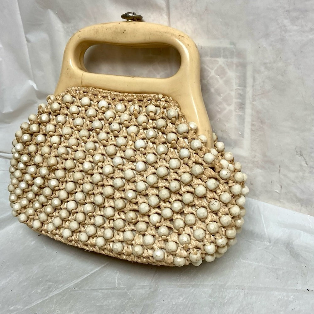 Vintage, Macramé Beaded Bag with Lucite Clasp 7in x 5.5in x 3in