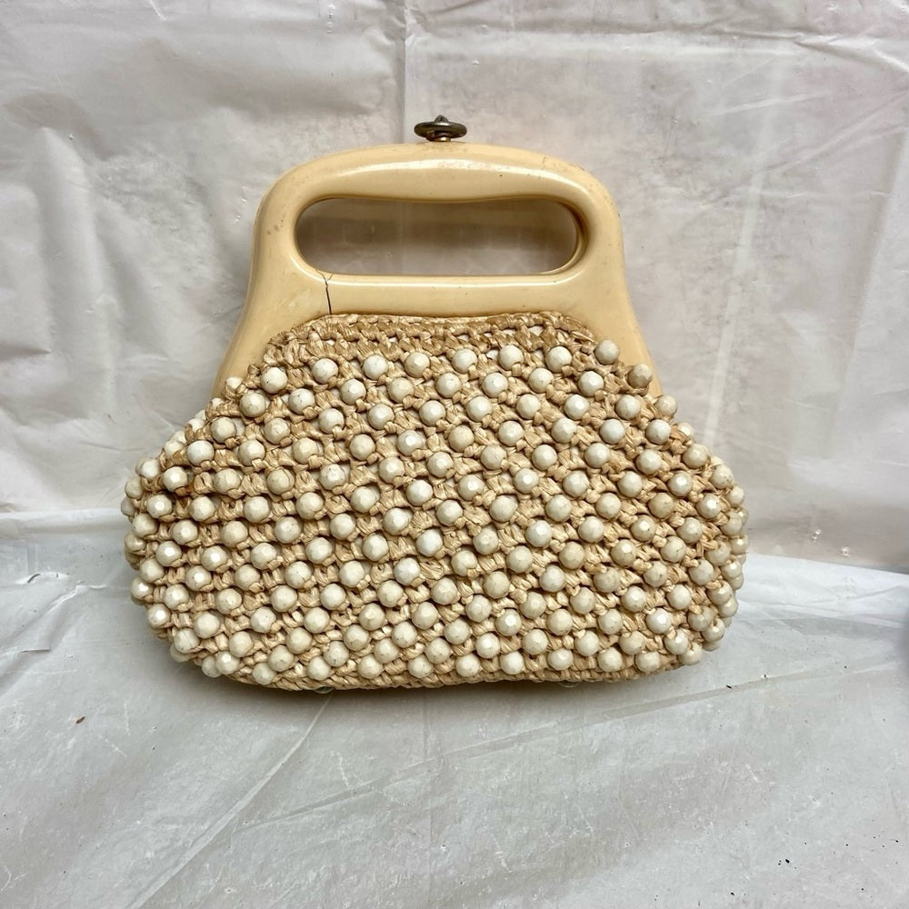 Vintage, Macramé Beaded Bag with Lucite Clasp 7in x 5.5in x 3in