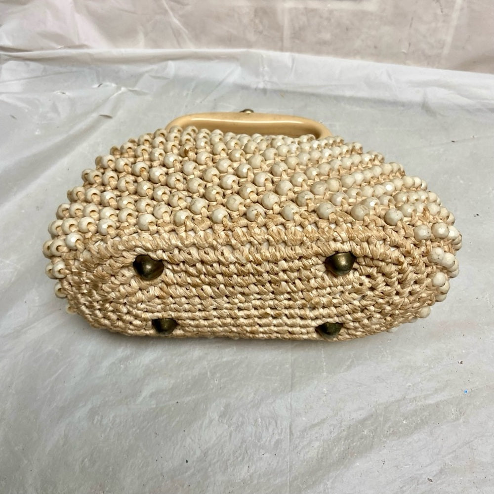 Vintage, Macramé Beaded Bag with Lucite Clasp 7in x 5.5in x 3in