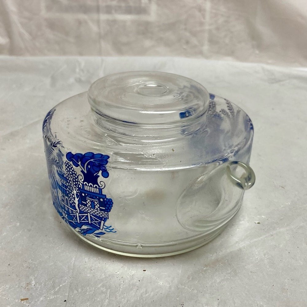 Vintage, Small or Single Blue Willow Glass Teapot 4in H x 7in L x 4.5in D