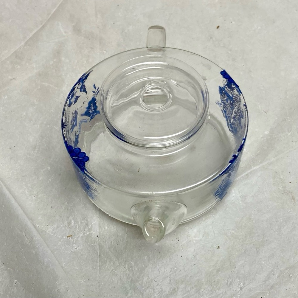 Vintage, Small or Single Blue Willow Glass Teapot 4in H x 7in L x 4.5in D
