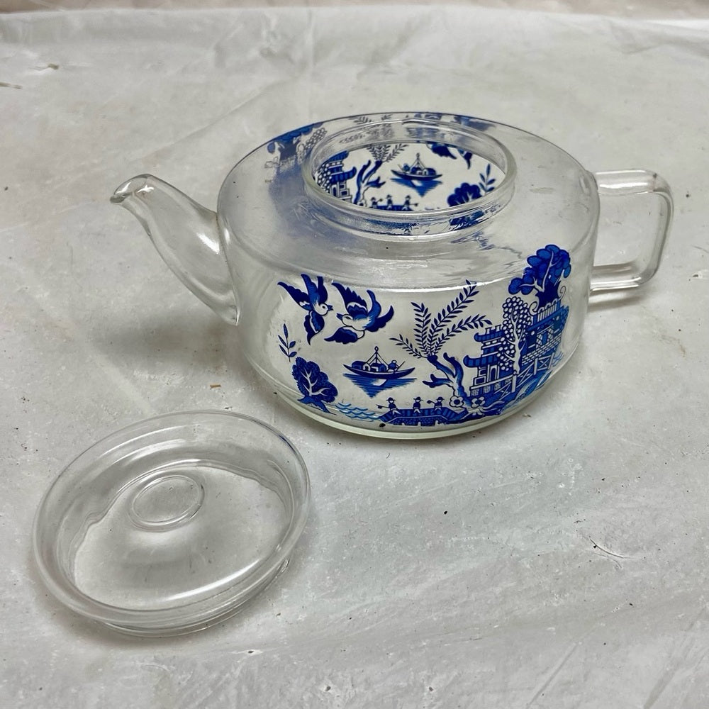 Vintage, Small or Single Blue Willow Glass Teapot 4in H x 7in L x 4.5in D