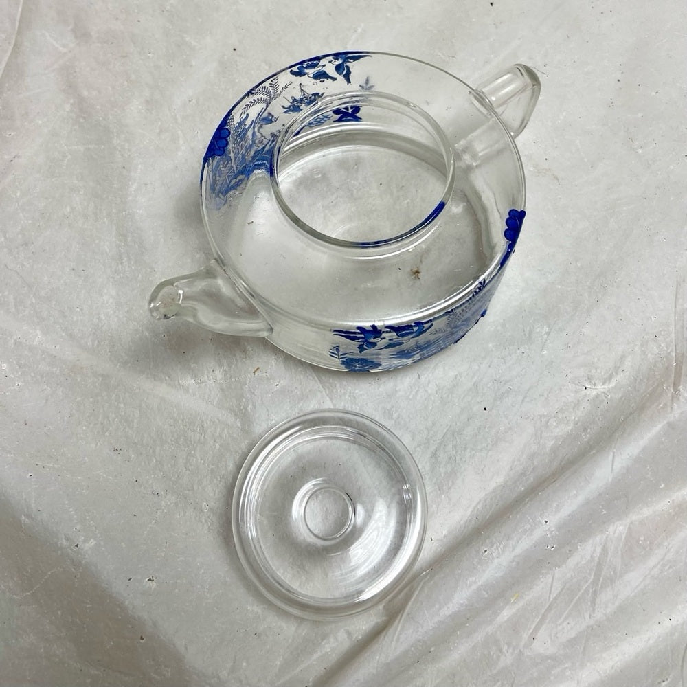 Vintage, Small or Single Blue Willow Glass Teapot 4in H x 7in L x 4.5in D