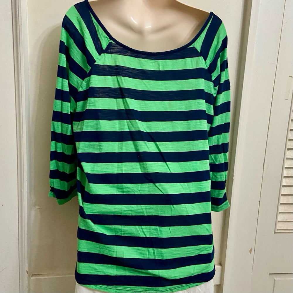 NYC Black -Green Stripes 3/4 Pullover Blouse (L)