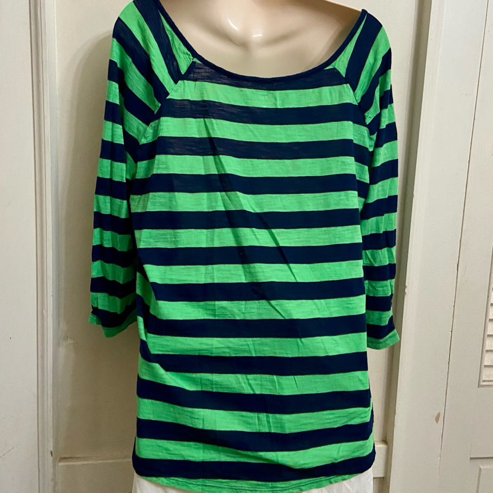 NYC Black -Green Stripes 3/4 Pullover Blouse (L)
