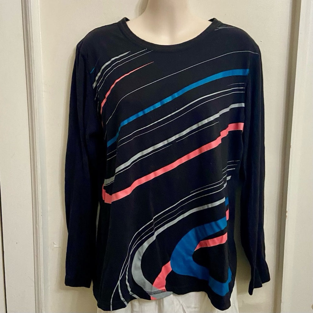 Stunning Black with Colorful Design Pullover Blouse (L)