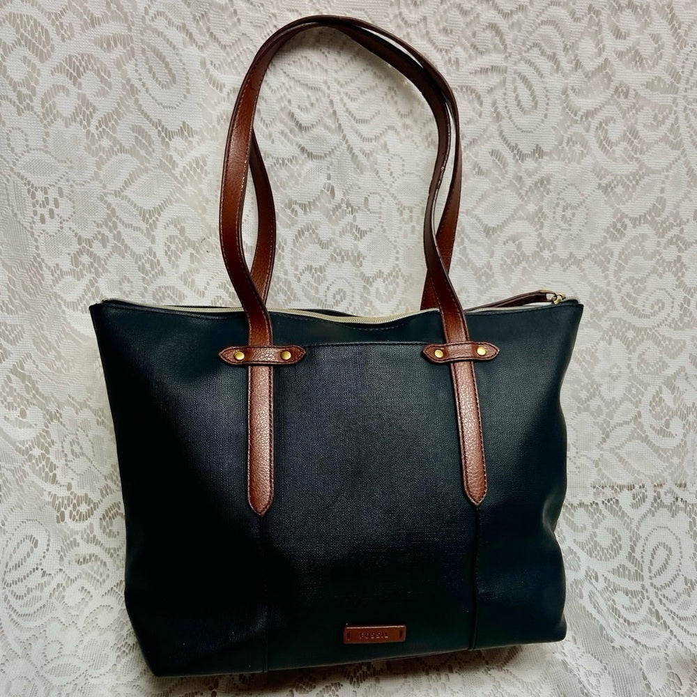 Vintage Fossil Black and Brown Leather Shoulder Bag 12in x 12in x 4in