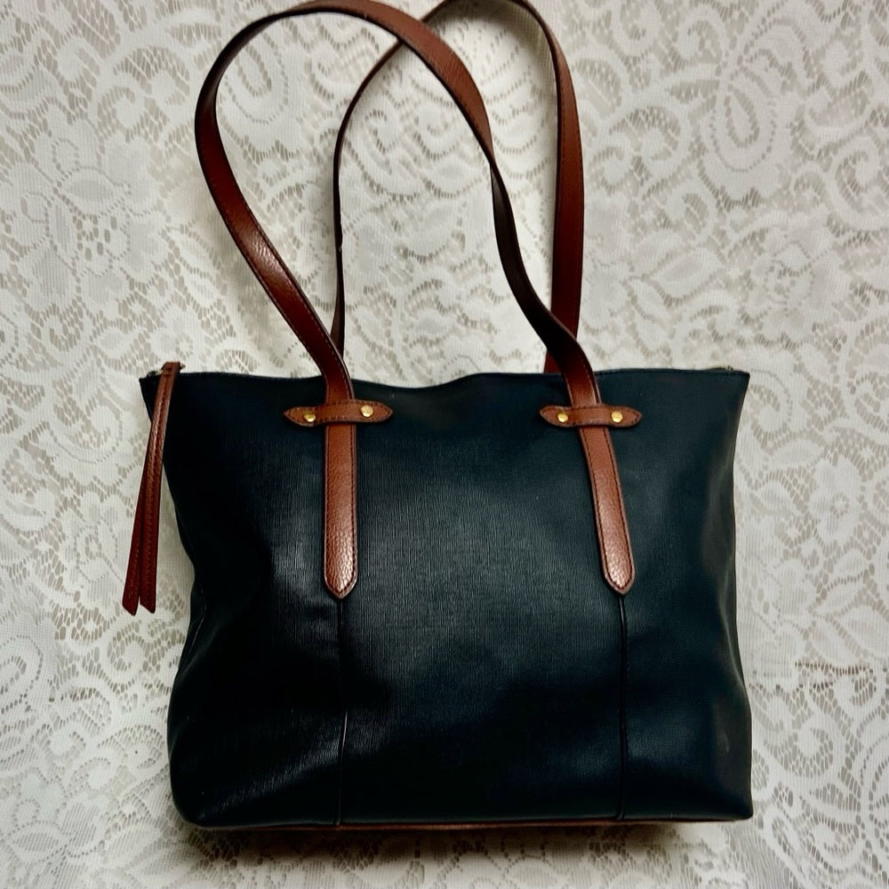 Vintage Fossil Black and Brown Leather Shoulder Bag 12in x 12in x 4in