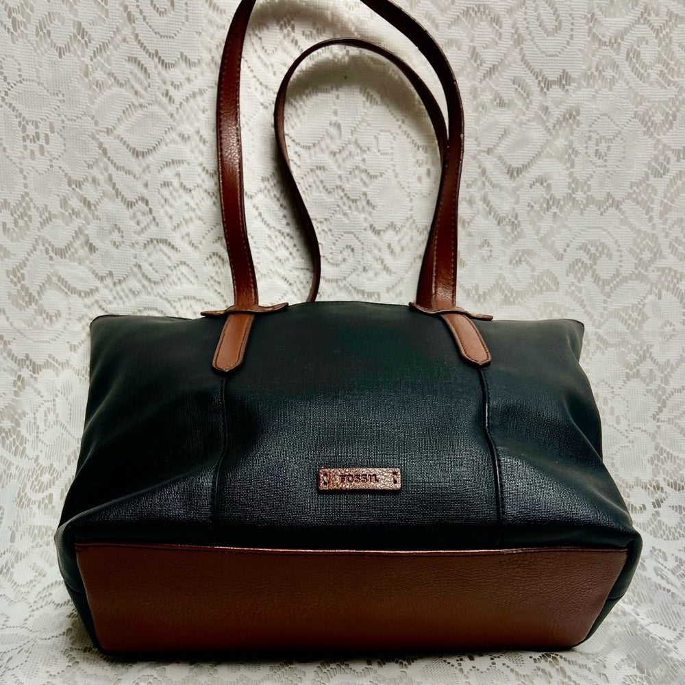 Vintage Fossil Black and Brown Leather Shoulder Bag 12in x 12in x 4in