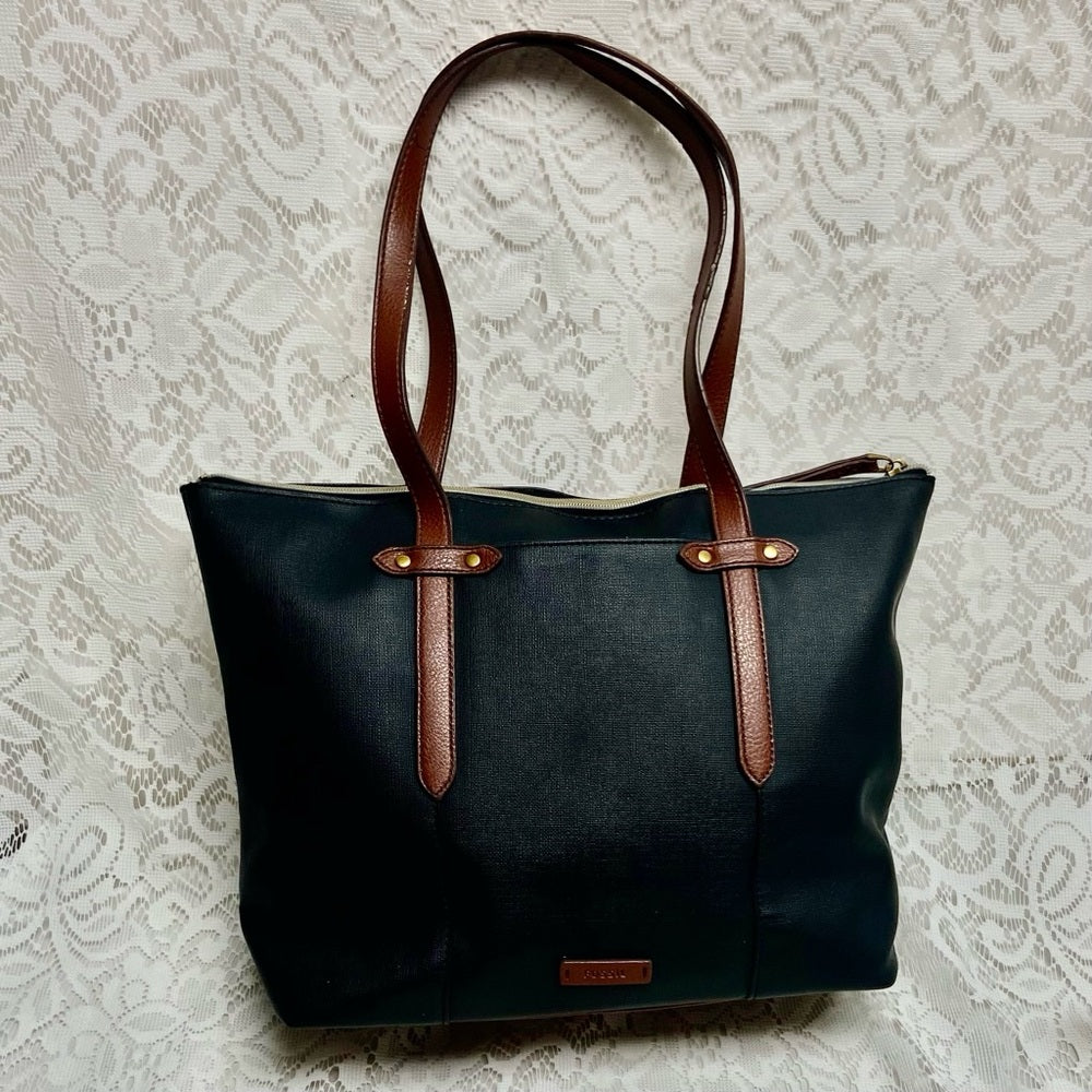 Vintage Fossil Black and Brown Leather Shoulder Bag 12in x 12in x 4in