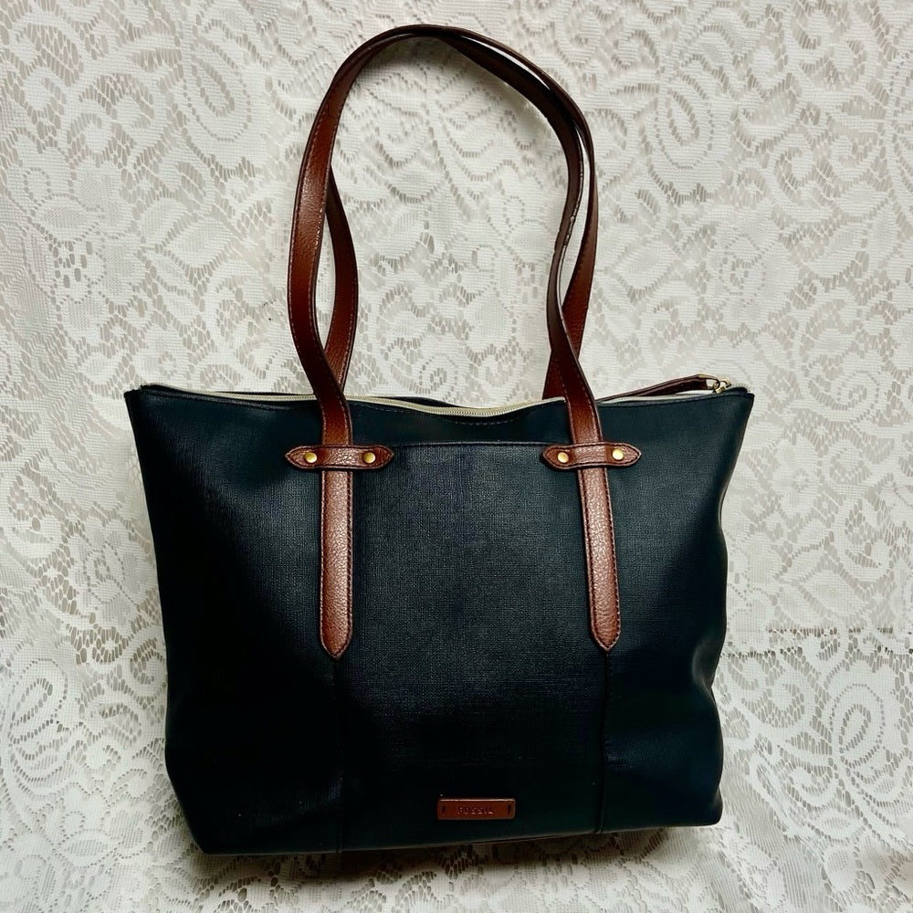 Vintage Fossil Black and Brown Leather Shoulder Bag 12in x 12in x 4in