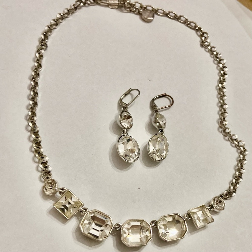 Vintage Givenchy Silver Tone Necklace- Chunky Crystals Necklace and Earrings Set