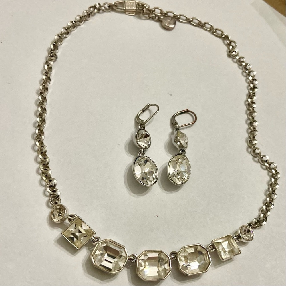 Vintage Givenchy Silver Tone Necklace- Chunky Crystals Necklace and Earrings Set