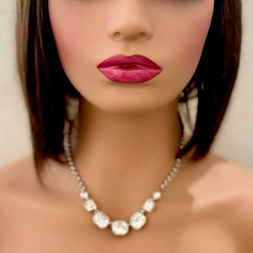 Vintage Givenchy Silver Tone Necklace- Chunky Crystals Necklace and Earrings Set