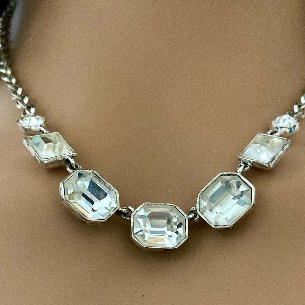 Vintage Givenchy Silver Tone Necklace- Chunky Crystals Necklace and Earrings Set