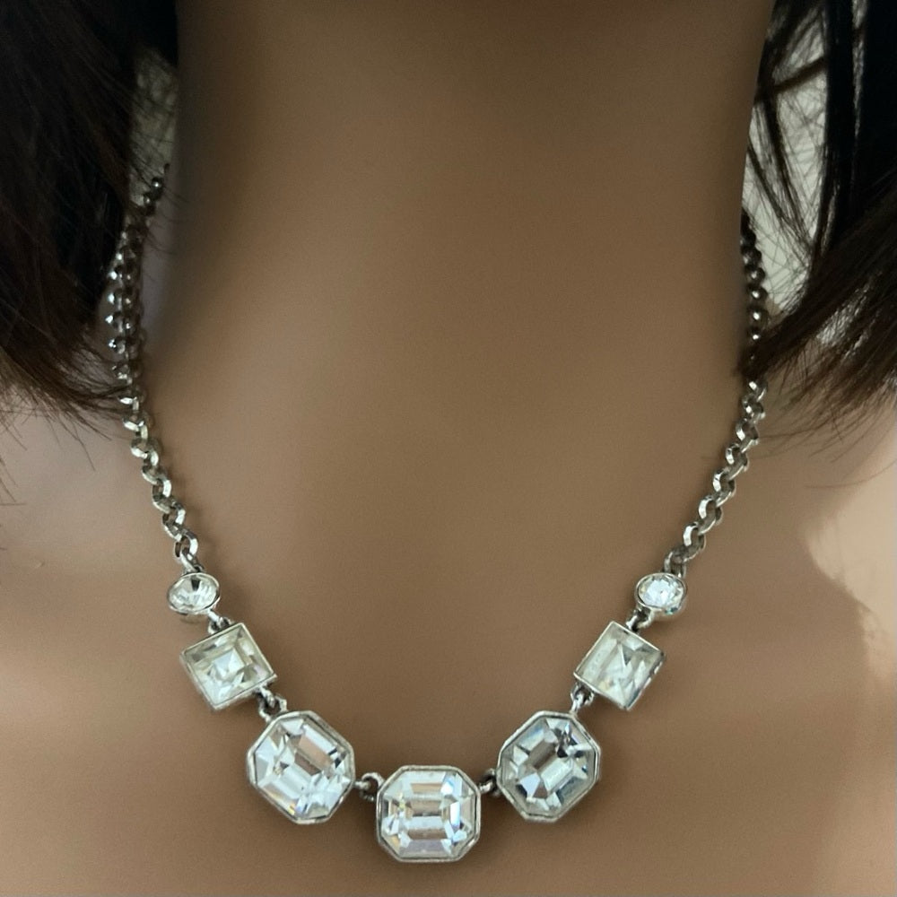 Vintage Givenchy Silver Tone Necklace- Chunky Crystals Necklace and Earrings Set