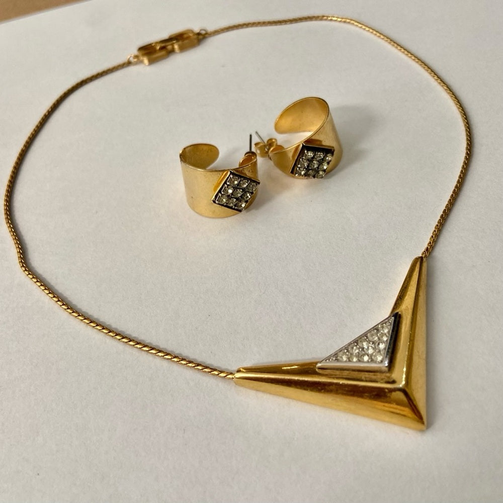 Vintage, Givenchy 1979 Paris- New York Gold Tone w/ Crystal Necklace n Earrings