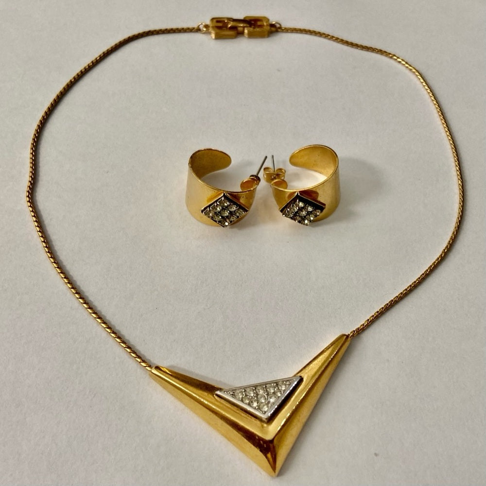 Vintage, Givenchy 1979 Paris- New York Gold Tone w/ Crystal Necklace n Earrings