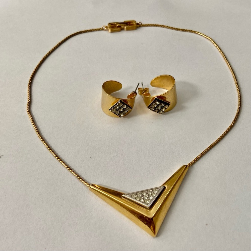 Vintage, Givenchy 1979 Paris- New York Gold Tone w/ Crystal Necklace n Earrings