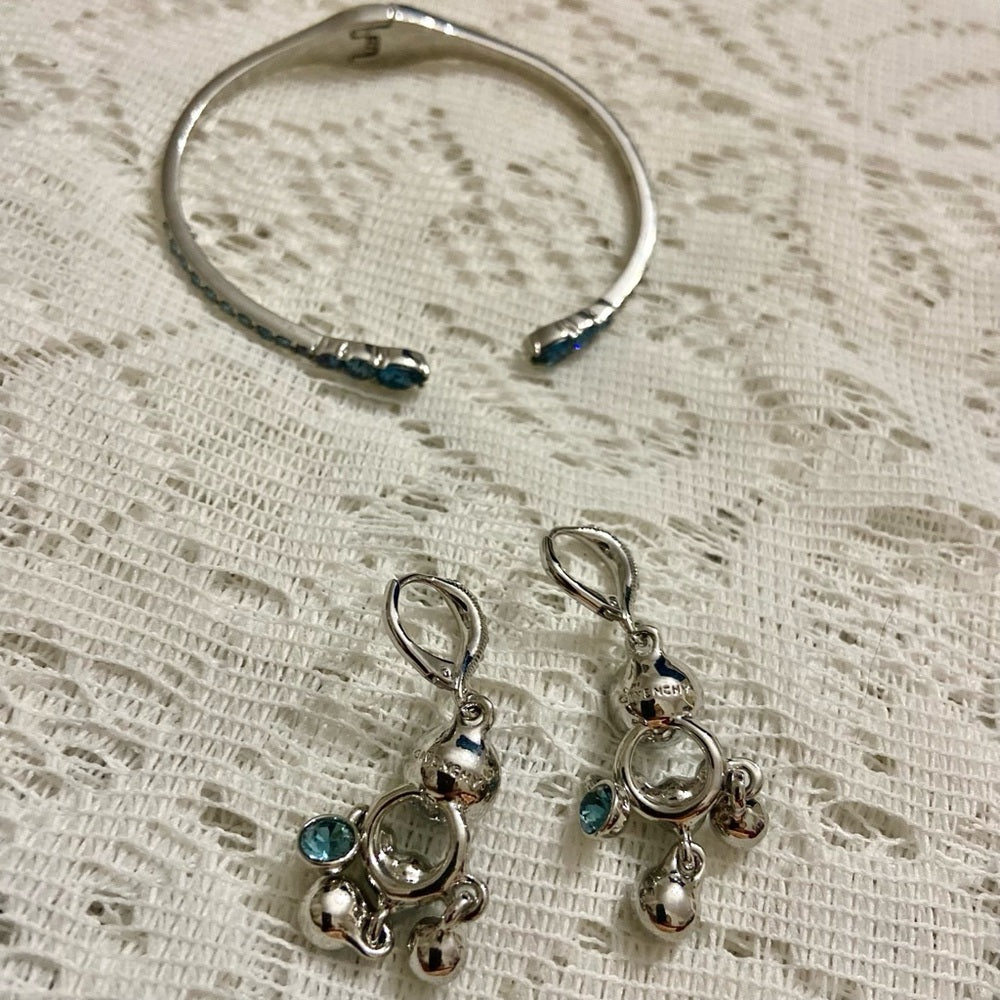Vintage Givenchy Blue Crystals-Silver Necklace,Cuff Bangle and Dangling Earrings