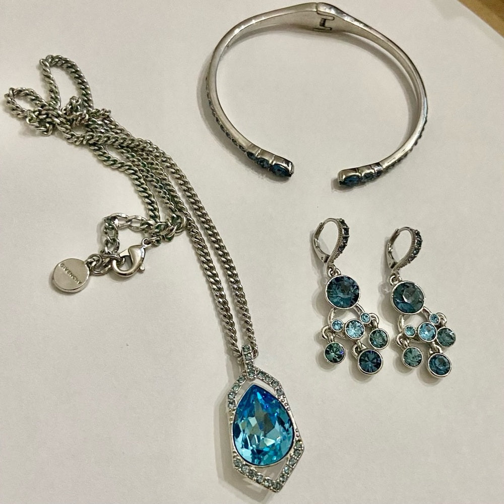 Vintage Givenchy Blue Crystals-Silver Necklace,Cuff Bangle and Dangling Earrings