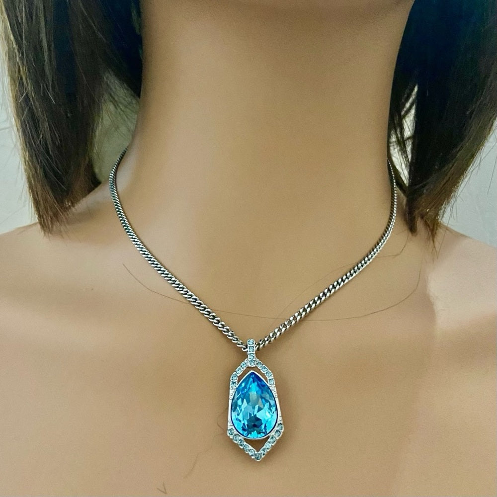 Vintage Givenchy Blue Crystals-Silver 18-inch Pendant Necklace