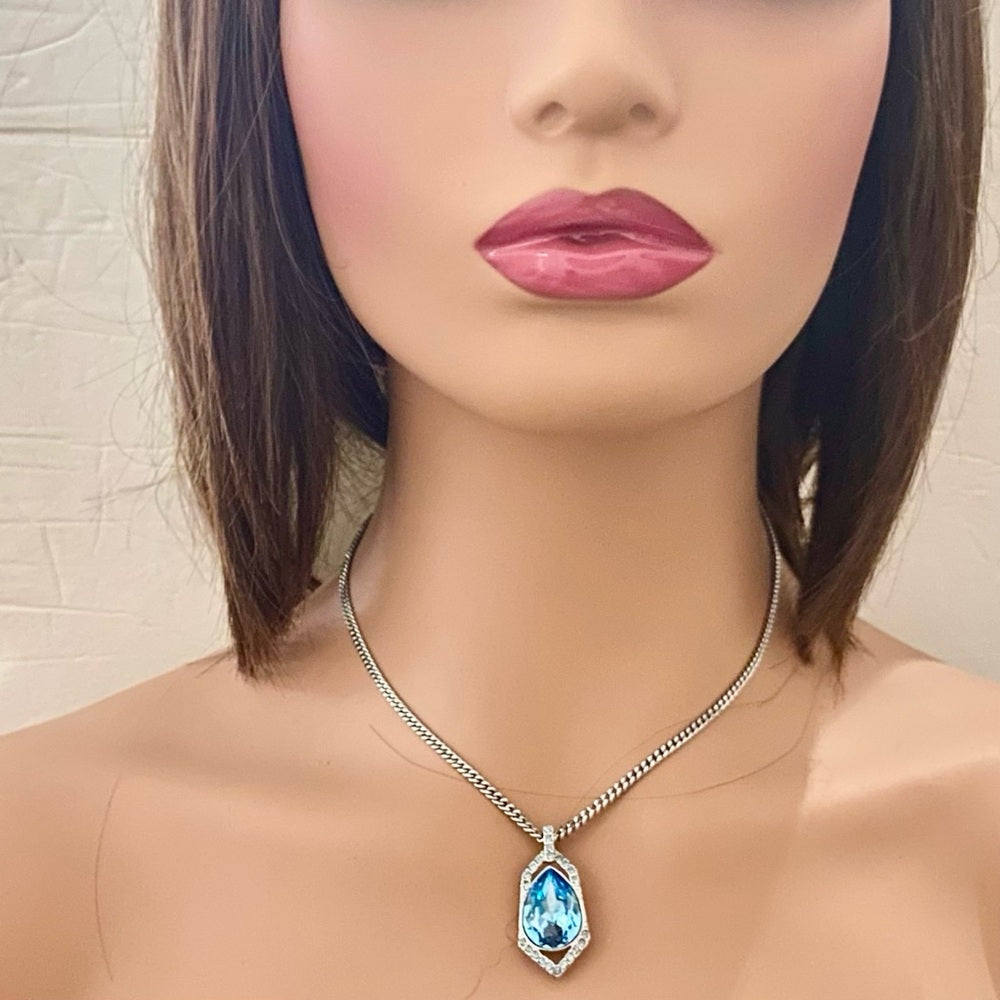 Vintage Givenchy Blue Crystals-Silver 18-inch Pendant Necklace