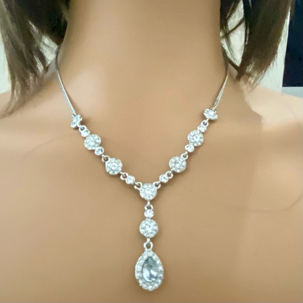 Vintage Givenchy Silver Tone Necklace-Teardrop Crystals Necklace and Earrings