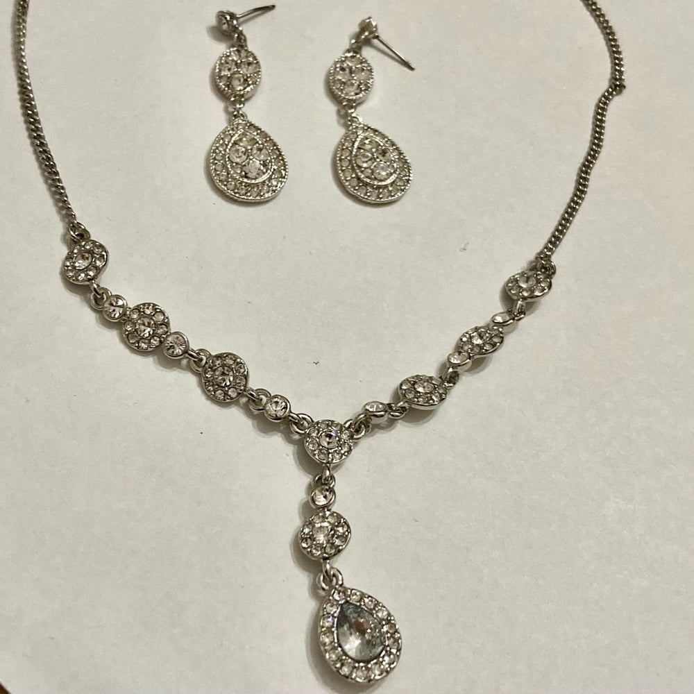 Vintage Givenchy Silver Tone Necklace-Teardrop Crystals Necklace and Earrings