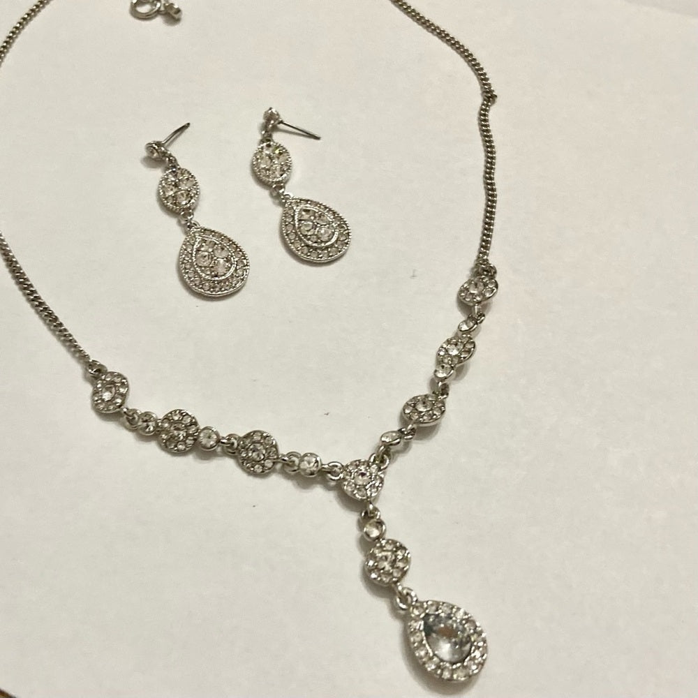 Vintage Givenchy Silver Tone Necklace-Teardrop Crystals Necklace and Earrings