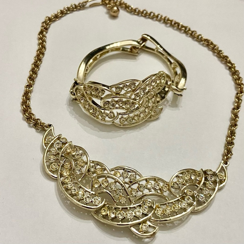 Vintage Kramer Gold Tone Clear Crystals Necklace and Bracelet Set