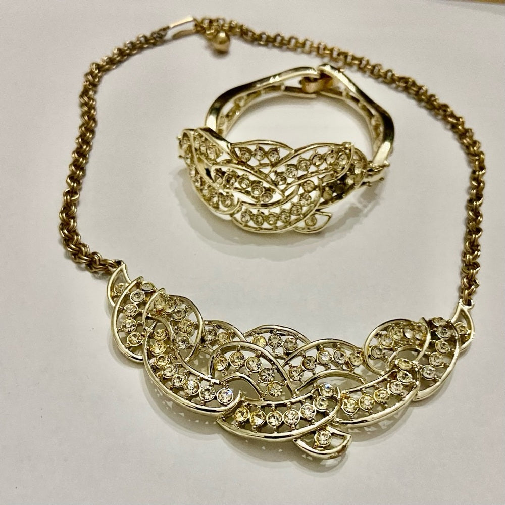 Vintage Kramer Gold Tone Clear Crystals Necklace and Bracelet Set