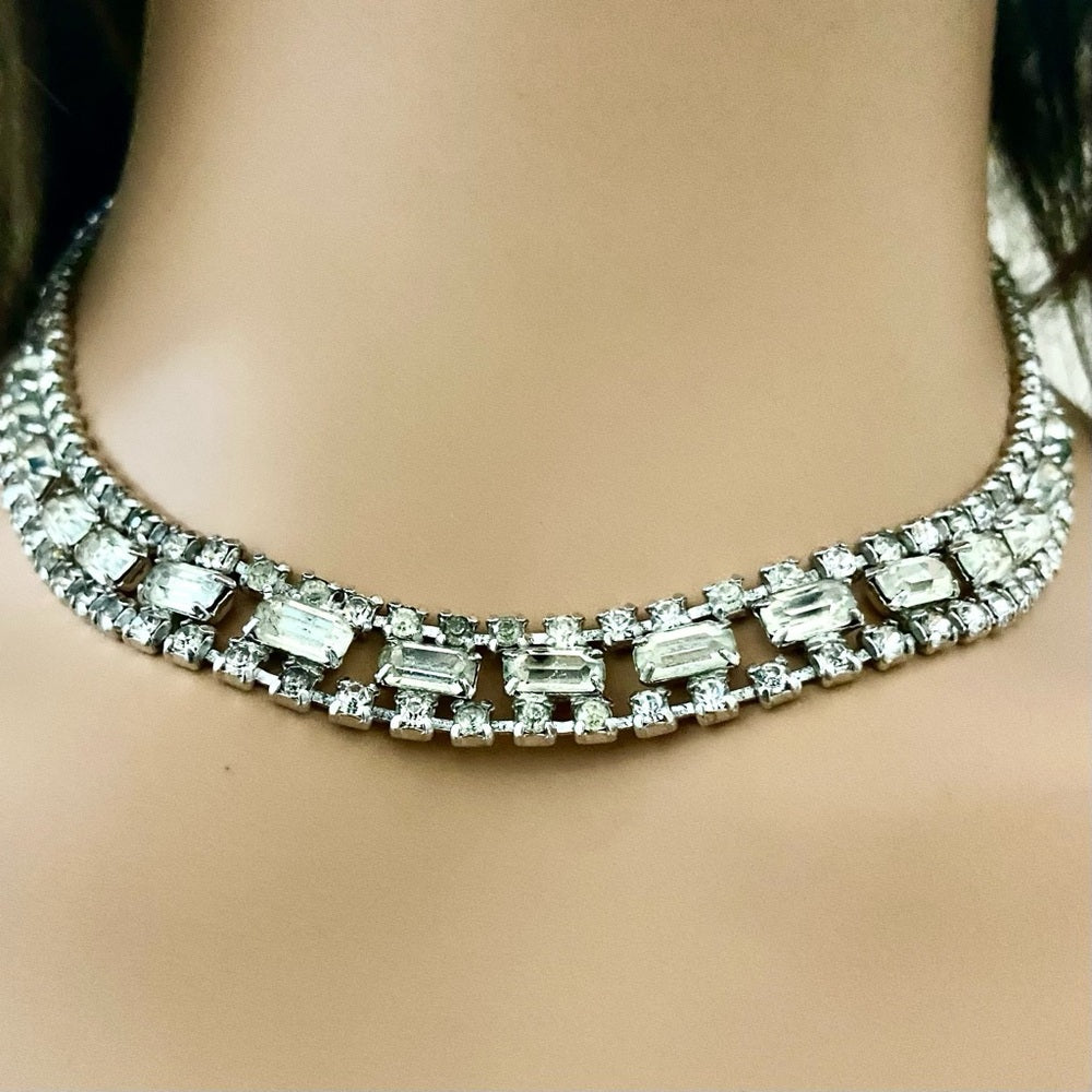 Vintage Kramer Silver Tone Clear Crystals Necklace and Earrings Set