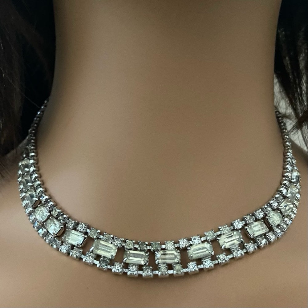 Vintage Kramer Silver Tone Clear Crystals Necklace and Earrings Set