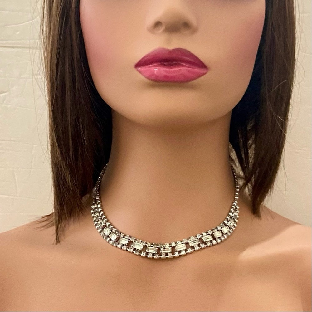 Vintage Kramer Silver Tone Clear Crystals Necklace and Earrings Set