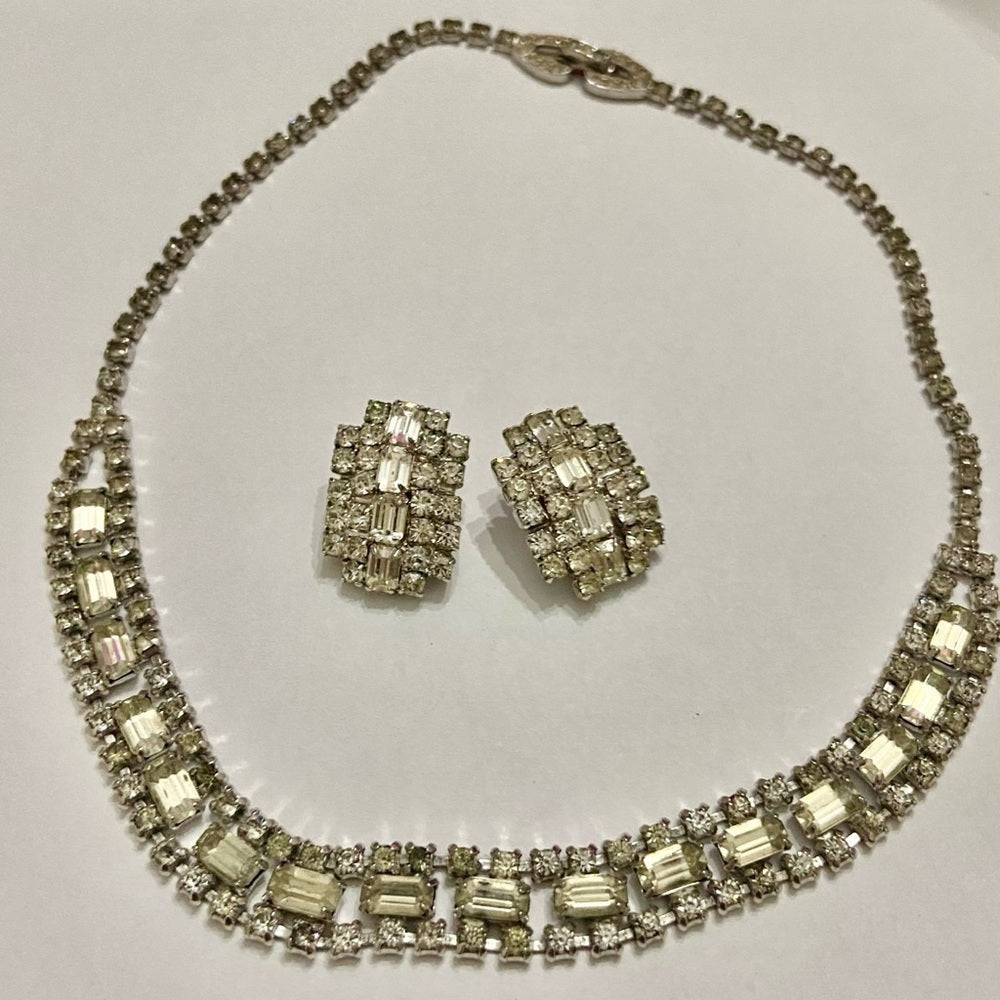 Vintage Kramer Silver Tone Clear Crystals Necklace and Earrings Set