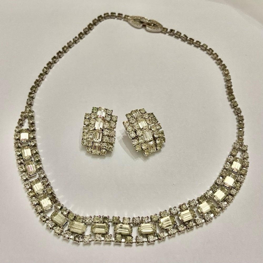 Vintage Kramer Silver Tone Clear Crystals Necklace and Earrings Set