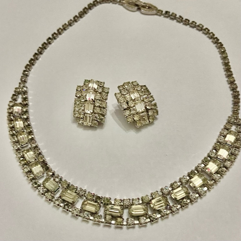 Vintage Kramer Silver Tone Clear Crystals Necklace and Earrings Set