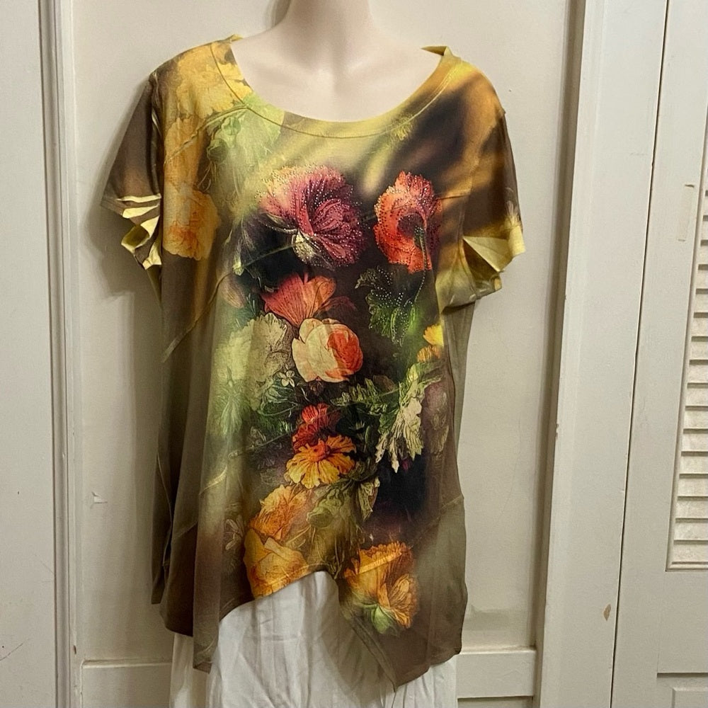 New Directions Yellow Floral Pullover Blouse (XL)