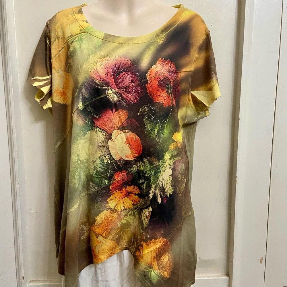 New Directions Yellow Floral Pullover Blouse (XL)