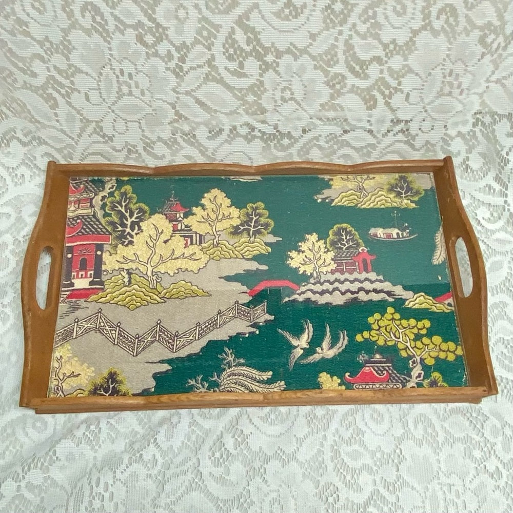 Vintage Polychrome Blue Willow Serving Wooden Tray- 16in x 10in x 2in