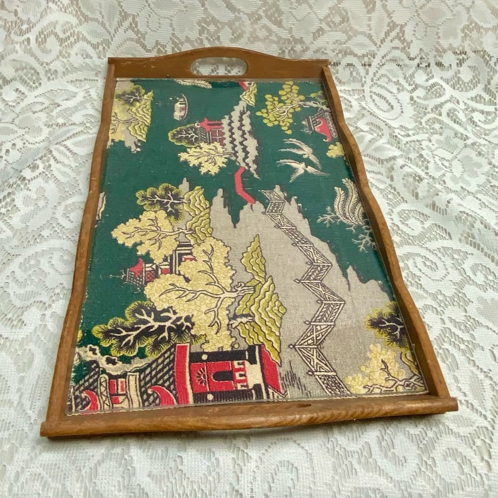 Vintage Polychrome Blue Willow Serving Wooden Tray- 16in x 10in x 2in