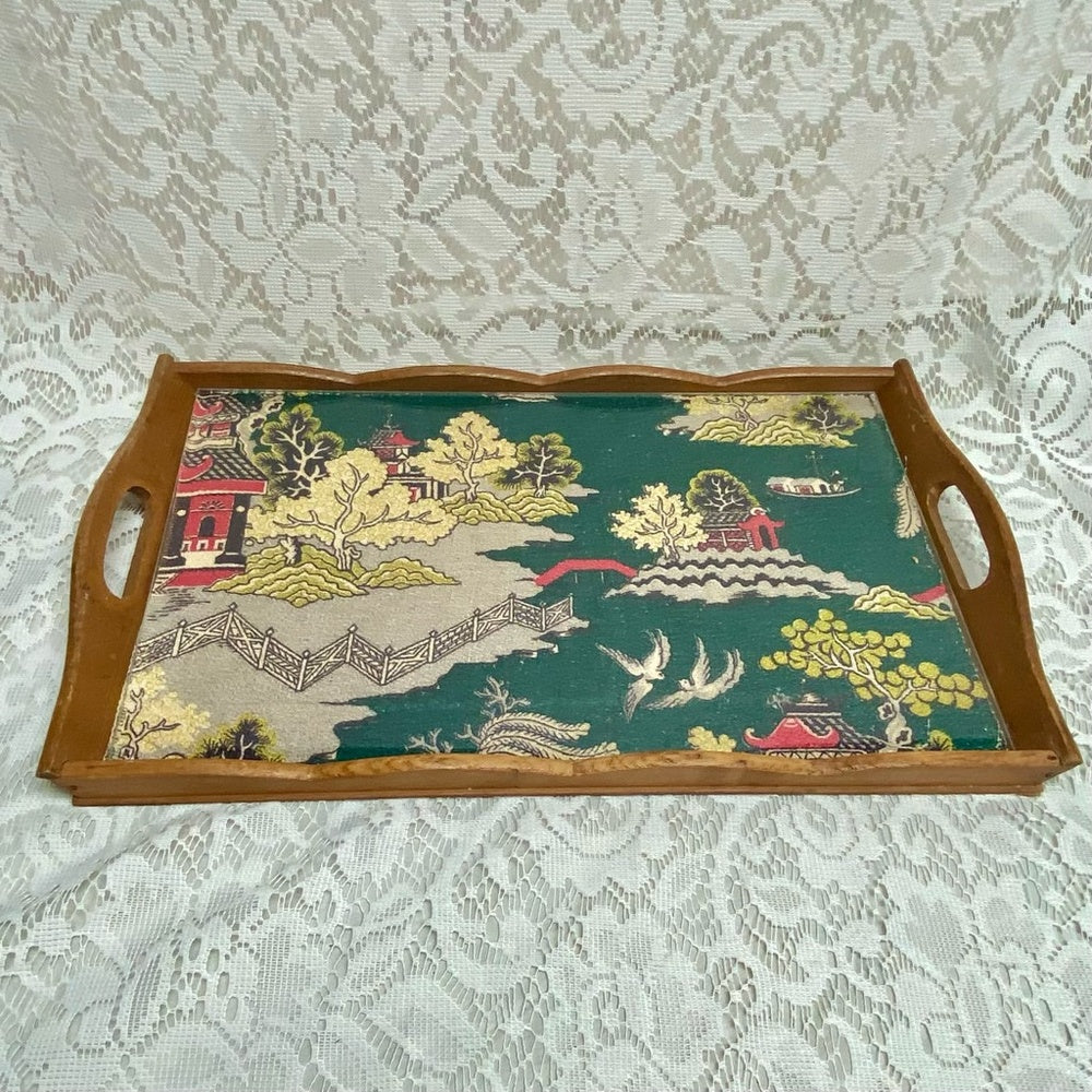 Vintage Polychrome Blue Willow Serving Wooden Tray- 16in x 10in x 2in