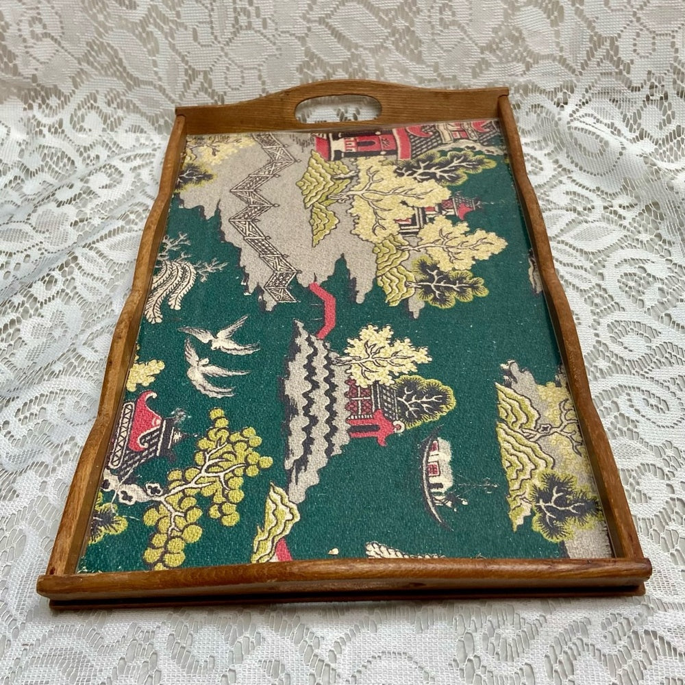 Vintage Polychrome Blue Willow Serving Wooden Tray- 16in x 10in x 2in
