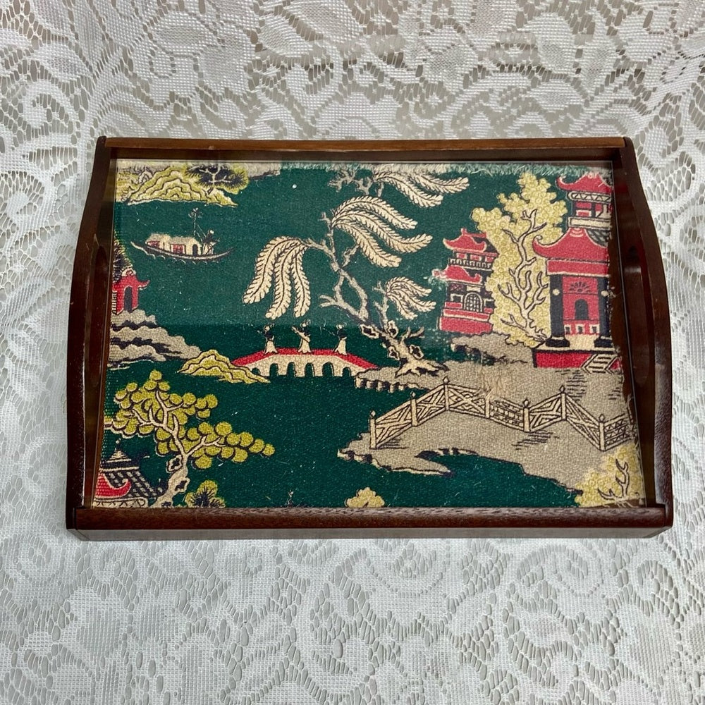Vintage Polychrome Blue Willow Serving Wooden Tray- 12in x 9.5in x 3.5in