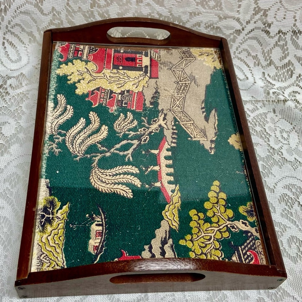 Vintage Polychrome Blue Willow Serving Wooden Tray- 12in x 9.5in x 3.5in