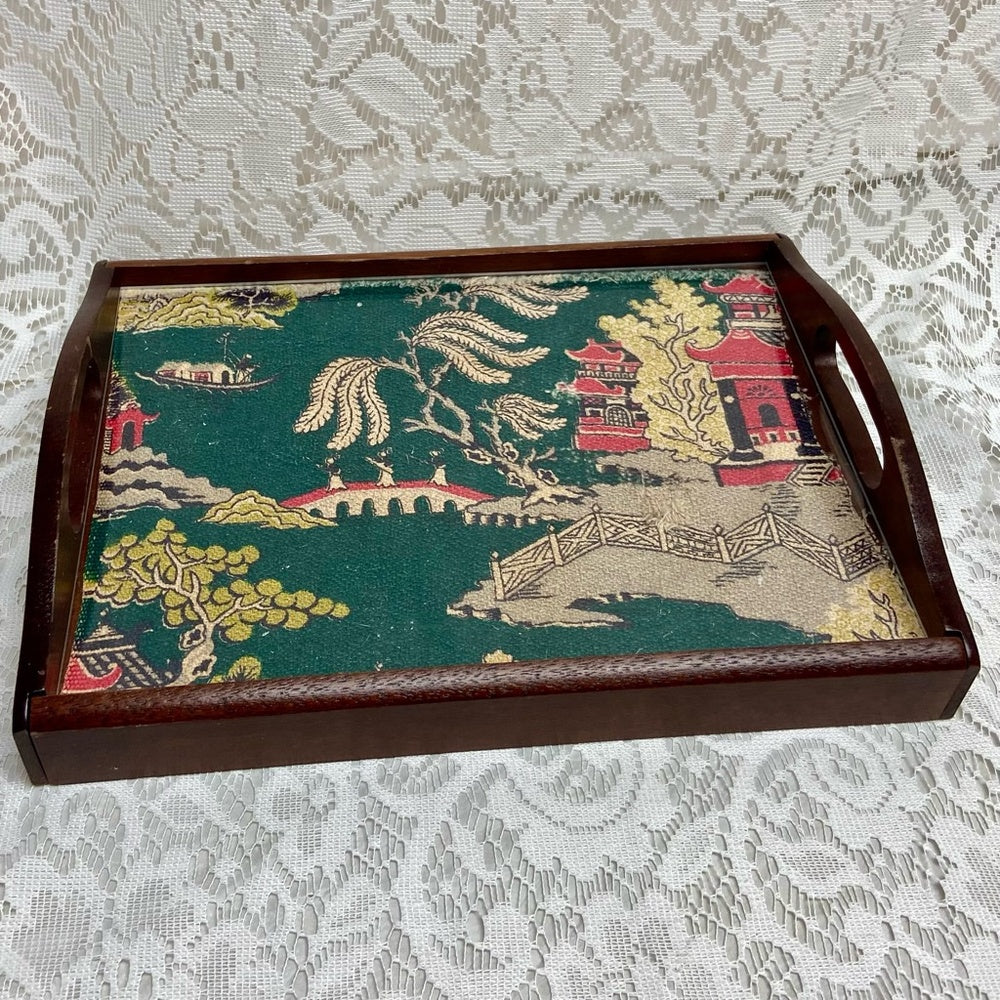Vintage Polychrome Blue Willow Serving Wooden Tray- 12in x 9.5in x 3.5in