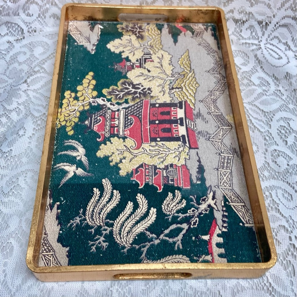 Vintage Polychrome Blue Willow GoldServing Wooden Tray- 12in x 9.5in x 3.5in