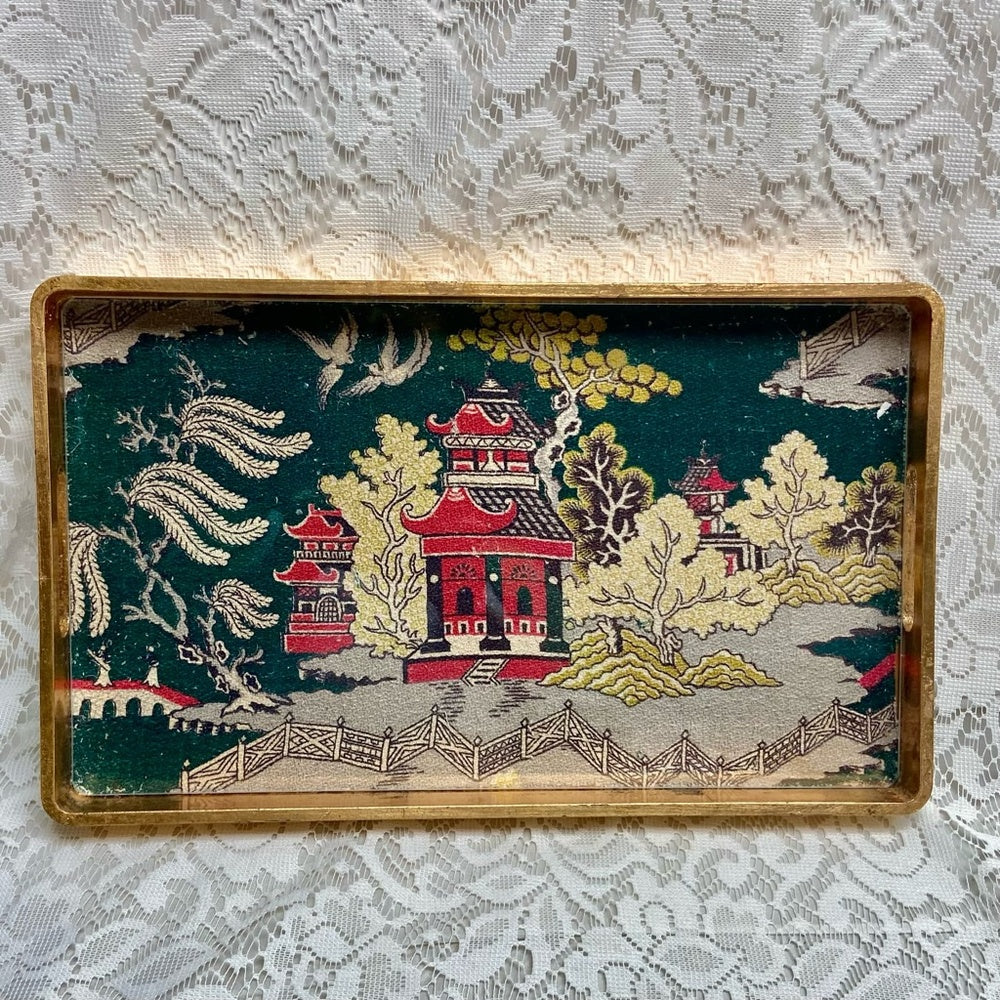 Vintage Polychrome Blue Willow GoldServing Wooden Tray- 12in x 9.5in x 3.5in